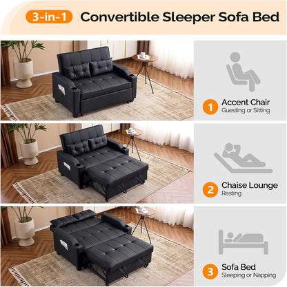 Black Futon Sofa Bed Convertible Loveseat Sleeper Couch, Faux Leather Pullout Sofa Fold Out Couch Bed with USB Ports, Cup Holders, Armrest for Living Room, Bedroom Apartment Room4