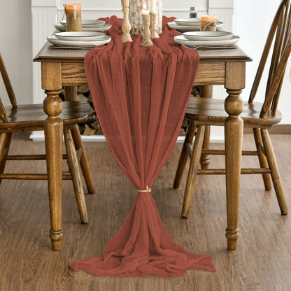 Boho Cheesecloth Gauze Terracotta Wedding Table Runner, 120 Inch Seasonal Fall Thanksgiving Fabric Kitchen Dining Holiday Table Decor for Home Party Indoor4