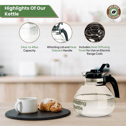 Café Brew Glass Tea Kettle, 12 Cup | German Borosilicate Glass. Gas & Electric Stovetop Safe. Heat Resistant. Whistles at Boil. 12-Cup Capacity.8