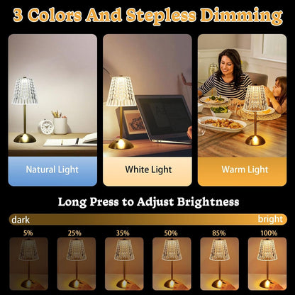 Cordless Lamp,Dimmable Crystal Table Lamp 3 Colors LED Gold Lamp8