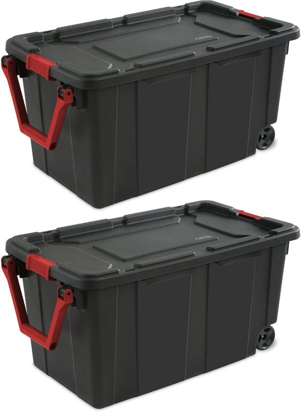 40 Gallon Wheeled Industrial Tote Plastic Black Set of 2 Plastic Storage Boxes Bins Containers Home1