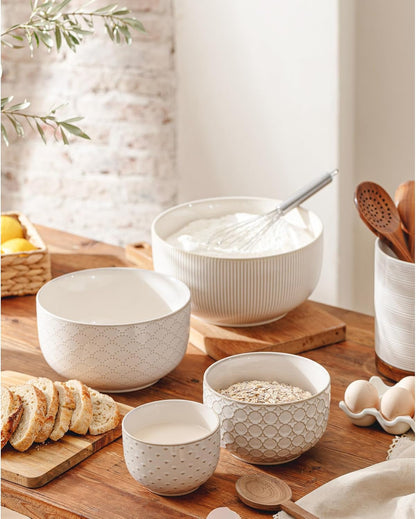Mikiegy Ceramic Mixing Bowls Set of 4, Nesting Ceramic Embossment Stoneware Mixing Bowls for Cooking, Serving, Popcorn, Salad Etc, Microwave & Dishwasher Safe, 20/44/98/145 Oz, Off-White2