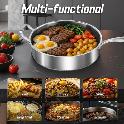 Frying Pans Nonstick Wih Lid, Non Stick Tri-Ply Stainless Steel Saute Pan, 8 Quarts Large Sauté Pan, 13.5 Inch Induction Cooking Pan, Dishwasher and Oven Safe, PFOA Free4