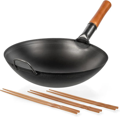 Carbon Steel Wok Pan - 14 “ Woks and Stir Fry Pans + Reusable Natural Wooden Long Cooking Chopsticks Set of 3 Pairs: 11.8 Inch, 13-Inch, 14.2 Inch1