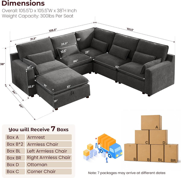 Modern Modular Sectional Sofa,105" V Shape Sectional Cloud Couch with Storage Ottoman,Comfty 6 Seat Sofa for Living Room,Grey Chenille2