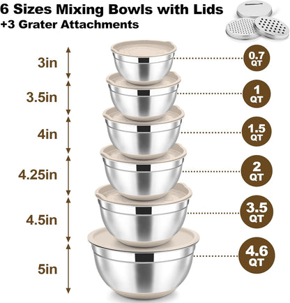 Mixing Bowls, Stainless Steel Salad Bowl with Lid & Graters -Khaki2