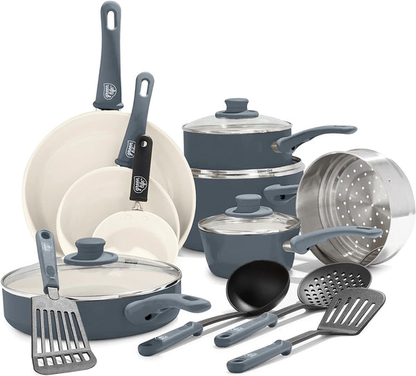 16 Piece Ceramic Nonstick Pots & Pans Cookware Set, Gray | Pfas-Free Nonstick Coating, Stockpot, Frying Pans, Saucepans, Sauté Pan, Stay-Cool Handles, Dishwasher & Oven Safe up to 350F1