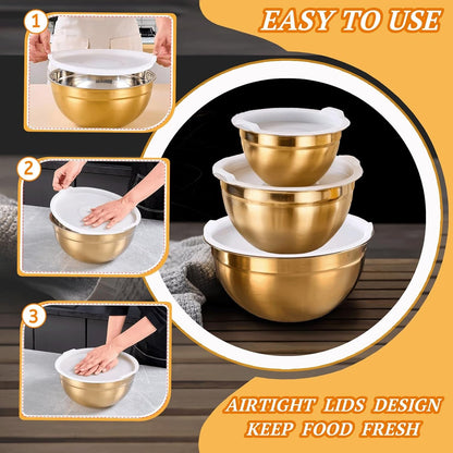 7 Pack Gold Mixing Bowls Set with 5 PCS Kitchen Accessories, Stainless Steel Nesting Mixing Bowls with Airtight Lids, Baking, Prepping and Serving Food, Stackable Size 7,3.6,2.7,2.1,1.5,1.1,0.8QT3