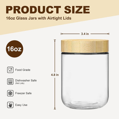 2 Pack 16Oz Glass Jars with Bamboo Lids, Overnight Oats Containers with Airtight Lids, Storage Containers Wide Mouth Mason Jars for Salad,Yogurt, Sugar, Snacks, Spices2