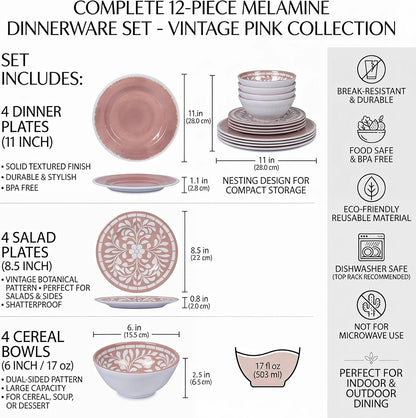 Melamine Dinnerware Sets,12 Pcs Plates and Bowls Set - Light Pink5
