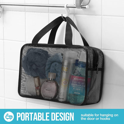 Mesh Shower Caddy Mash Shower Bag Black Portable Mesh Accessories Organizer Tote for Gym College Dorm Room (Black-Large)5