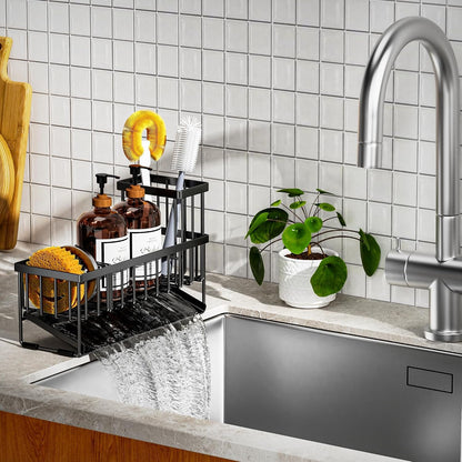 Extra Large Kitchen Sink Caddy Organzier with High Brush Holder, Sponge Holder for Sink, 304 Rustproof Stainless, Kitchen Countertop Soap Dispenser Organizer for Decor and Accessories3