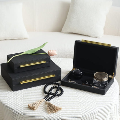 Faux Shagreen Decorative Stackable Jewelry Storage Boxes Set of 3,Black | Jewelry Organizers with Gold Metal Handles & Velvet Lining, Modern Black Box for Vanity, Entryway & Coffee Table Décor3