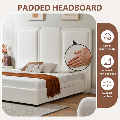 King Storage Drawers Bed with 64" Upholstered Headboard，Cream7