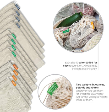 12+1 Reusable Produce Bags Grocery Washable, Organic Cotton Mesh Produce Bags, Double-Stitched & Tare Weigh, Mesh Bags for Vegetables, Cotton Produce Bags Reusable Washable, Produce Bag 4Xs, 4Xm, 4Xl4