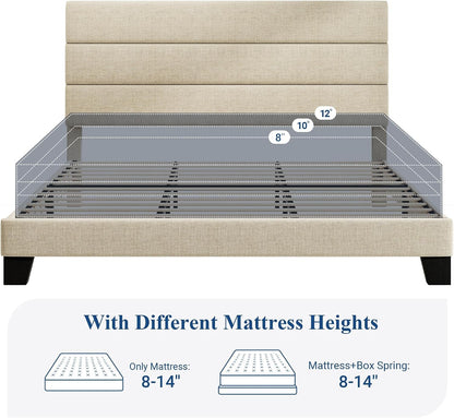 King Size Platform Bed Frame with Fabric Upholstered Headboard and Wooden Slats Support, Fully Upholstered Mattress Foundation/No Box Spring Needed/Easy Assembly, Beige7