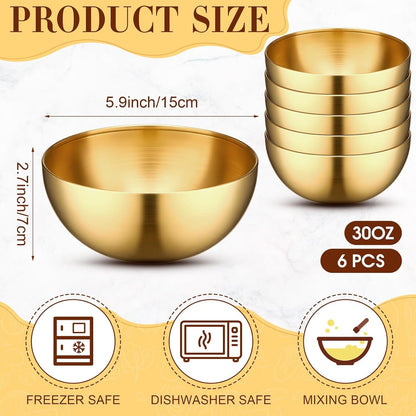 6 Pcs Gold Mixing Bowls Stainless Steel Mixing Bowl Decorative Gold Esthetician Bowls Metal Serving Bowl for Facial Cereal Rice Noddle Fruit Kitchen Party Cooking Baking Prepping(5.9 Inches)2