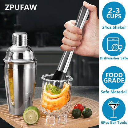 6-Piece Cocktail Shaker Set, Bartender Kit, Drink Shaker, Bar Set | Stainless Steel Cocktail Set with 24Oz Martini Shaker, Strainer, Muddler, Jigger, Mixing Spoon, Pour Spout, Housewarming Gift2