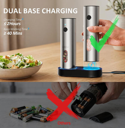 Rechargeable Electric Salt and Pepper Grinder Set with USB-C Charging Base, Stainless Steel Automatic Salt and Pepper Shakers, Adjustable Coarseness, LED Light, Large Capacity, Kitchen Gift4