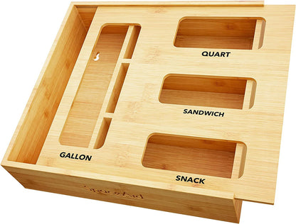 Bag Storage Organizer for Kitchen Drawer, Bamboo Organizer, Compatible with Gallon, Quart, Sandwich and Snack Variety Size Bag (1 Box 4 Slots)1
