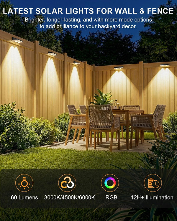 Solar Fence Lights Outdoor,3000/4500/6000K/Rgb 13 Mode 8PACK Fence Lights Solar Powered High Brightness LED Lens IP65 Waterproof Solar Wall Light for Outside/Patio/Step/Backyard/Railing/Pool/Deck2