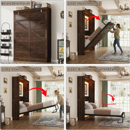Queen Size Murphy Bed W/2 Storage Cabinet&2 LED Light, Farmhouse Wood Hidden Foldable Wall Bed Frame, Storage Bed Cabinet for Bedroom, Office, Space-Saving, No Box Spring Needed, Brown8