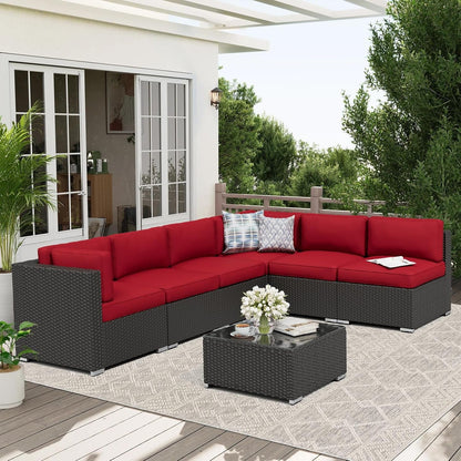 7-Piece Outdoor Patio Furniture Black Rattan Wicker Sectional Sofa Conversation Set with Glass Top Table and Cushions (Red)8