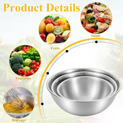 3 Packs Stainless Steel Mixing Bowls with Measurement Marks, Thicker Stainless Steel Flat Bottom Mixing Bowls Set, Stackable Salad Bowl for Cooking, Baking, Salad, Vegetables3