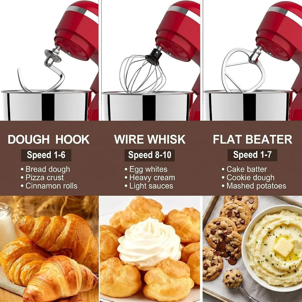 6In1 Stand Mixer with 6.5 Quart Bowl, 660W 10+P Speeds Kitchen Food Mixer Tilt-Head Bread Dough and Cake Mixers for Home Daily Use (Red)4