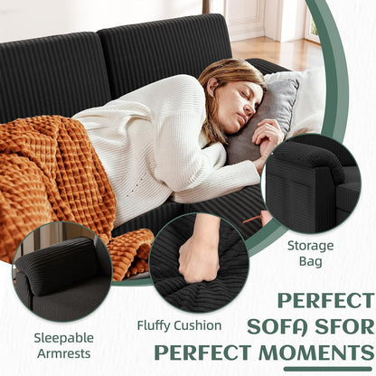 79" Convertible Sectional Couch for Living Room, Modular L Shaped Sofa with Movable Ottoman, Comfy Corduroy Fabric Couch with Removable Covers, Modern Apartment Furniture, Black4
