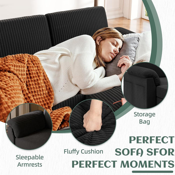79" Convertible Sectional Couch for Living Room, Modular L Shaped Sofa with Movable Ottoman, Comfy Corduroy Fabric Couch with Removable Covers, Modern Apartment Furniture, Black4