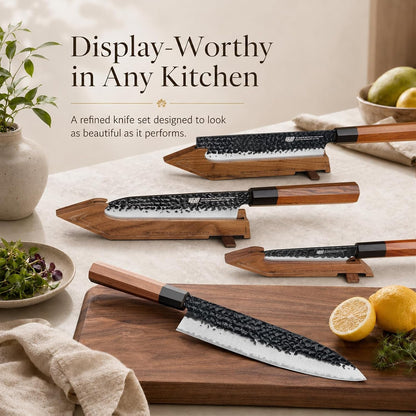 Kitchen Knife Set with Individual Wooden Blocks, 4 Japanese Knives with Walnut Edge Guards, High Carbon Steel Blades, for Meat, Fruits, Vegetables, Dynasty Series6