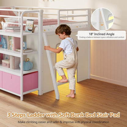 Low Loft Bed with Desk and 6 Storage Drawers Twin Loft Bed with Bookshelf,Led Lights & Under-Bed Play Space,Kids Twin Beds with 13.8''H Safety Guardrail,Inclined Ladder&Play Curtain,Pink+White9