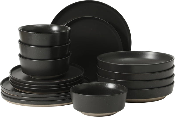 Overbrook 16-Piece Pottery Clay Stoneware Dinnerware Set – Black Reactive Glaze, Stackable Plates and Bowls W/Pasta Bowl, Service for 4 – Microwave & Dishwasher Safe1