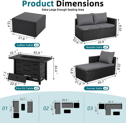4-Piece Patio Furniture Set with 43" Propane Fire Pit Table, L-Shaped PE Rattan Sectional Sofa, Washable Cushions, Outdoor Conversation Set,Black/Grey2