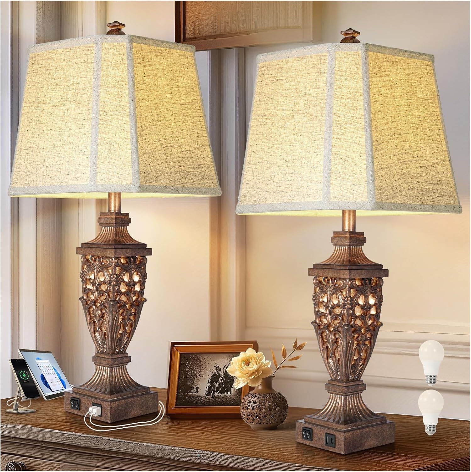 vintage-resin-table-lamps-with-night-light-for-bedroom-living-room-28-5-tall-night-light-farmhouse-table-lamps-set-of-2-with-usb-a-c-charging-ports-linen-shade-bulb-included-bedside-lamp
