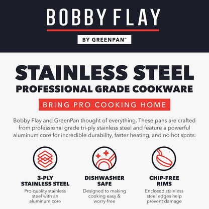 X Bobby Flay Stainless Steel 12” Frying Pan Skillet & Glass Lid, Professional Grade Tri-Ply, Multiclad, Pfas-Free Ceramic Nonstick, Induction Suitable, Dishwasher & Oven Safe,Stay Cool Handle11