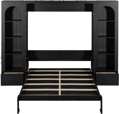 Queen Murphy Bed with Desk and Storage & LED Light, Solid Wood Hideaway Murphy Wall Bed with Storage Shelves Bookcase and Drawers for Adults Bedroom Office Library (Queen,Black)6