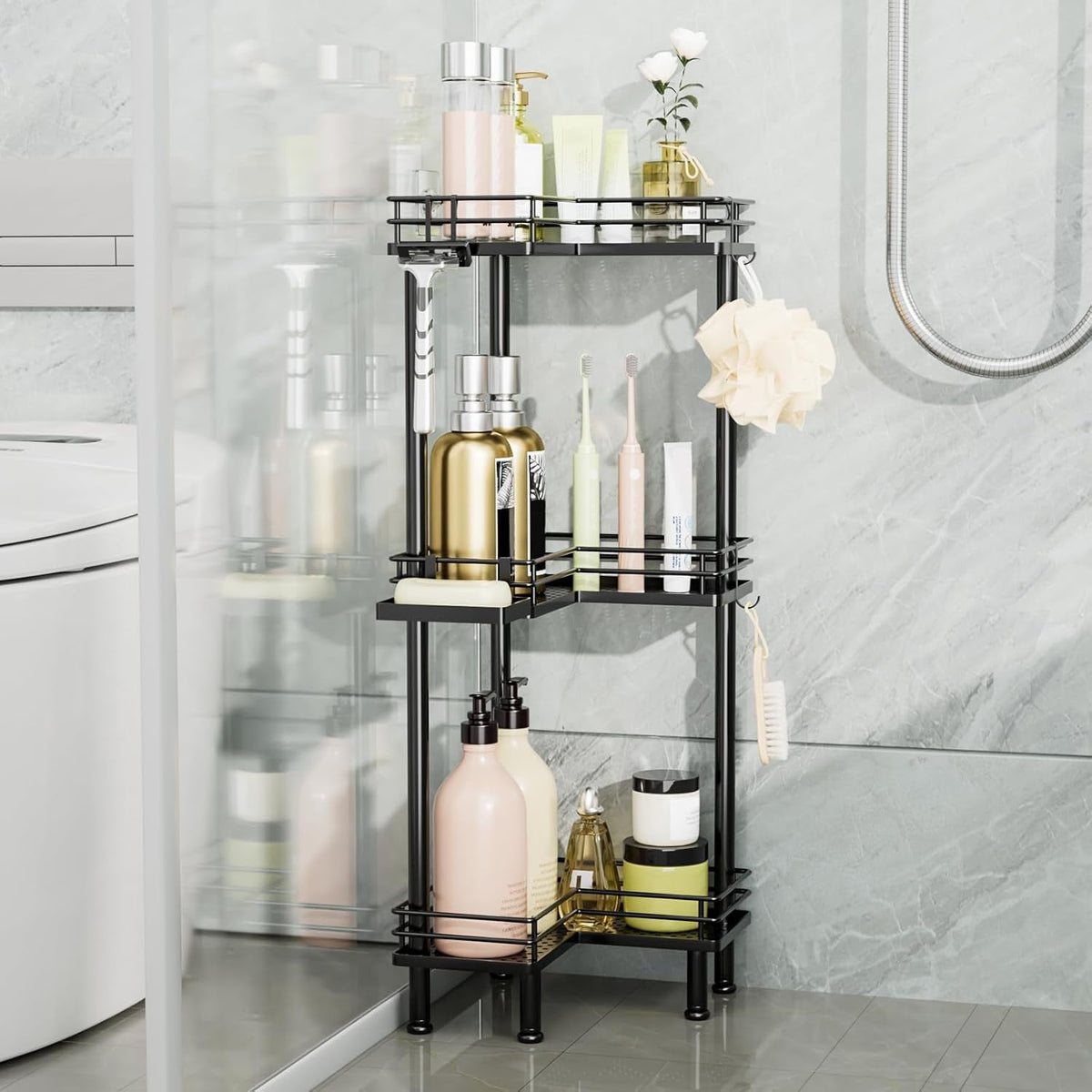 corner-shower-caddy-standing-3-tier-stainless-steel-shower-organizer-with-soap-holder-and-4-hooks-large-capacity-corner-shelf-stand-for-bathroom-rest-room-black