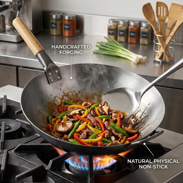 Wok Pan - Nonstick Wrought Iron Wok, Uncoated Forged Iron Stir Fry Pan with Wooden Handle, Silver 15 Inch5