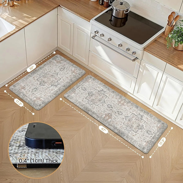 anti Fatigue Kitchen Mats for Floor 2PCS, Standing Rugs,Graytaupe | 17.3"X47"+17.3"X30", Vintage Boho Cushioned Set, Waterproof, Non Slip, Easy-Clean for Home, Laundry,Sink, Office, Farmhouse2