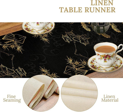 Japanese Samurai Table Runner, Black and Gold Bamboo Asian Zen Decor, Premium Linen Dining Table Cover for Home Kitchen Party,13X108 Inch6