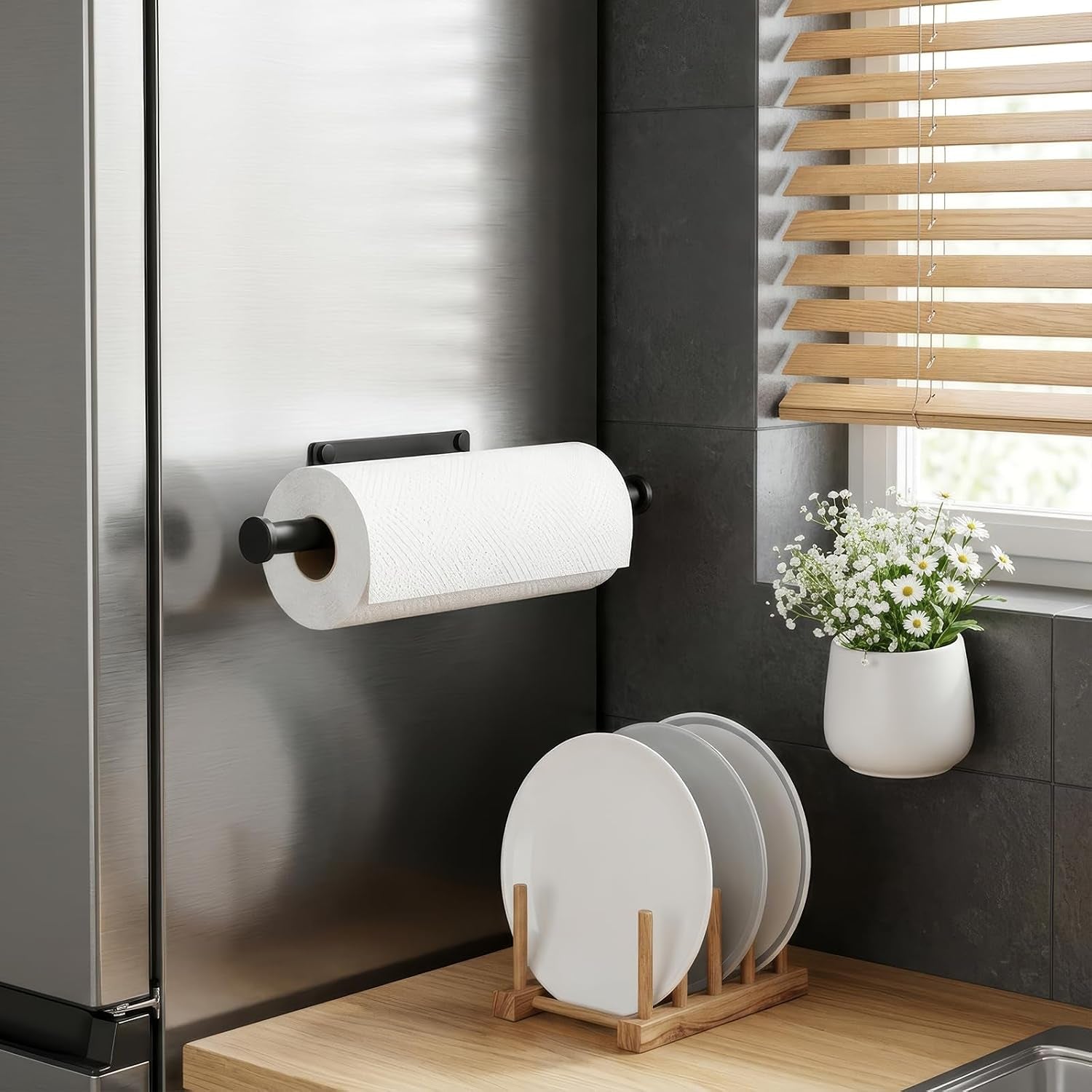 paper-towel-holder-wall-mount-self-adhesive-no-drill-or-drilling-sus304-stainless-steel-kitchen-bathroom-sink-pantry-fridgeblack