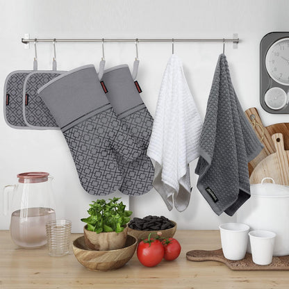 Oven Mitts and Pot Holders Sets 6Pcs, Kitchen Oven Glove,High Heat Resistant 550 Degree Extra Long Oven Mitts and Potholders with Non-Slip Silicone Surface for Home Essentials (Grey) (Gray)7