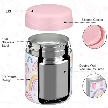 12Oz Soup Thermo for Hot Food Kids Insulated Food Jar Wide Mouth Lunch Container Leak Proof Stainless Steel Vacuum Bento Box for School Office Travel Outdoors White-Rainbow2