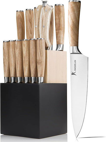 Ultra Sharp 14-Piece Kitchen Knife Set, High Carbon Stainless Steel Blades, Torrefied Natural Wood Handles, Ergonomic Design, Space-Saving Black-Finished Wood Block, Easy Hand Wash, Gift Box1