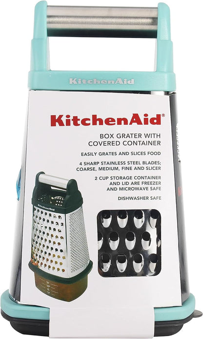 Kitchenaid Gourmet 4-Sided Stainless Steel Box Grater for Fine, Medium and Coarse Grate, and Slicing, Detachable 3 Cup Storage Container and Measurment Markings, Dishwasher Safe, 10 Inches Tall, Aqua8