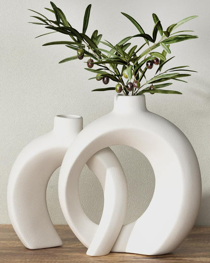7.2″Hx8.9″H Donut Shape Decorative Vase Set of 2, Ceramic, Modern Minimalism Styles, Flowers or Plant Table Vases for Home Decor Living Room Shelf Entry Console Mantle Dining Centerpiece (Matte White)1