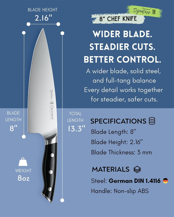 8 Inch Professional Chef Knife, 2.16" Extra Wide Blade German Steel DIN 1.4116, 3Mm Thick Ultra Sharp Kitchen Knife with Full Tang Handle & Gift Box ｜Signature2
