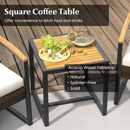 3 Piece Patio Conversation Set, Includes 2 Rattan Chairs and Coffee Table, Solid Acacia Wood Armrests & Tabletop, Outdoor Cushioned Wicker Furniture Set for Backyard, Poolside, Lawn, Garden8